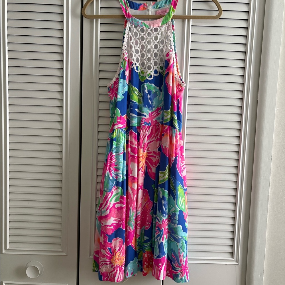 Lilly Pulitzer Pink & Green Floral Sundress with Crochet Trim